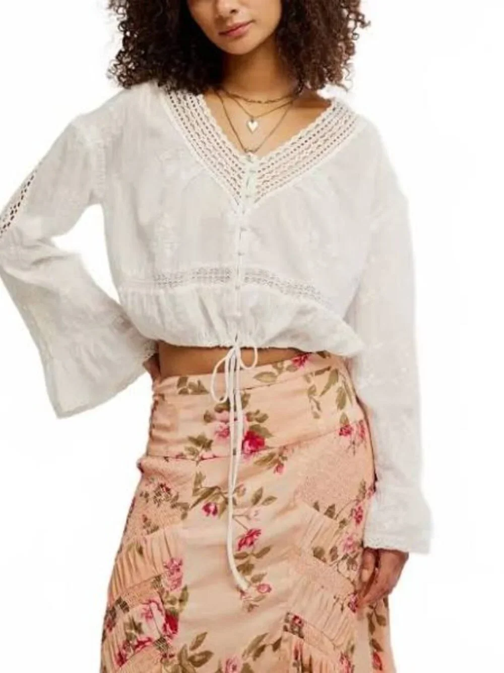 Free People Sweet Love Blouse Crochet-Trim Embroidered Peasant Blouse Size XL